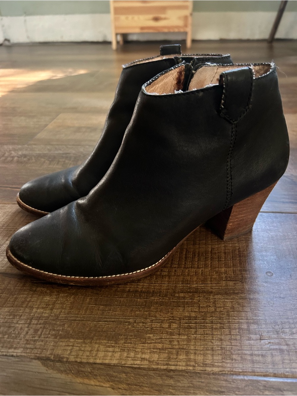 Madewell Black Leather Ankle Booties with Wood Block Heel